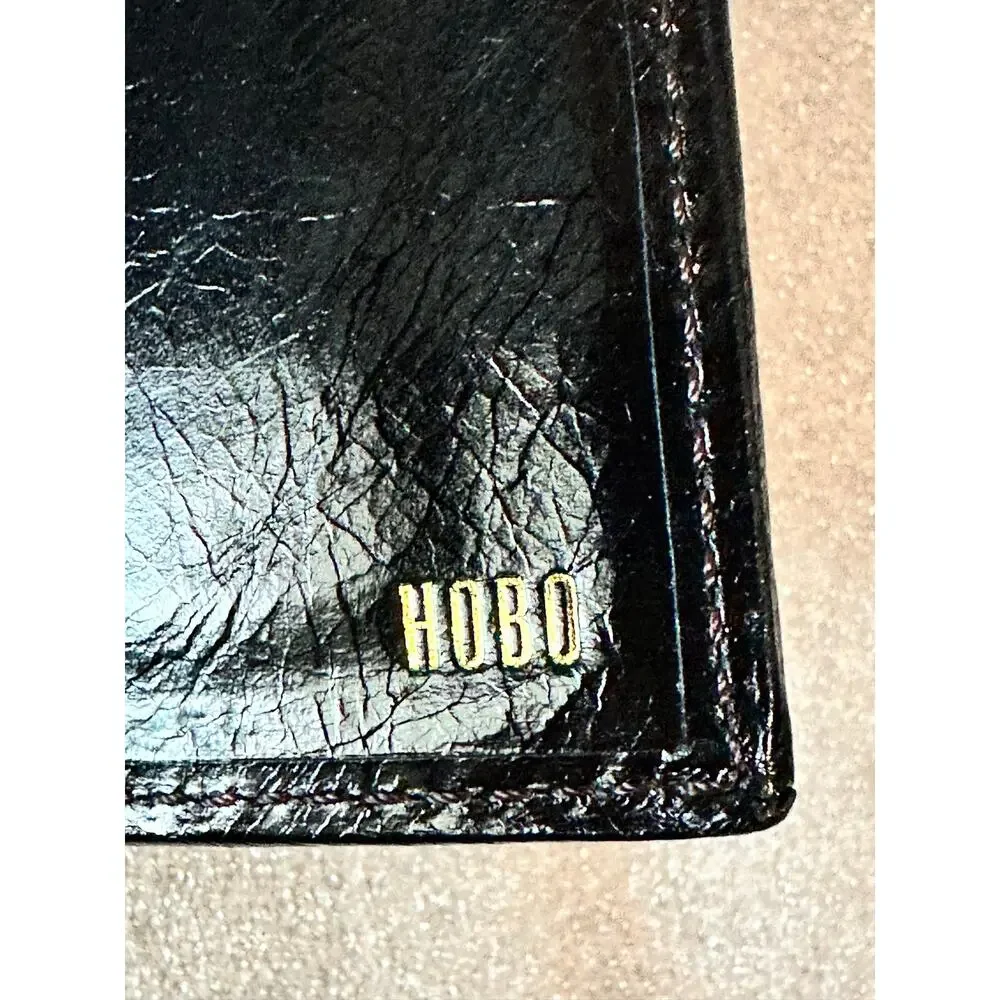 EUC Hobo International Black Leather Trifold Wallet Organizer Brass Hardware